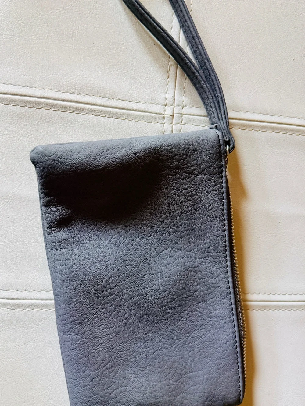 Gray Leather Wristlet Clutch with Double Zippers